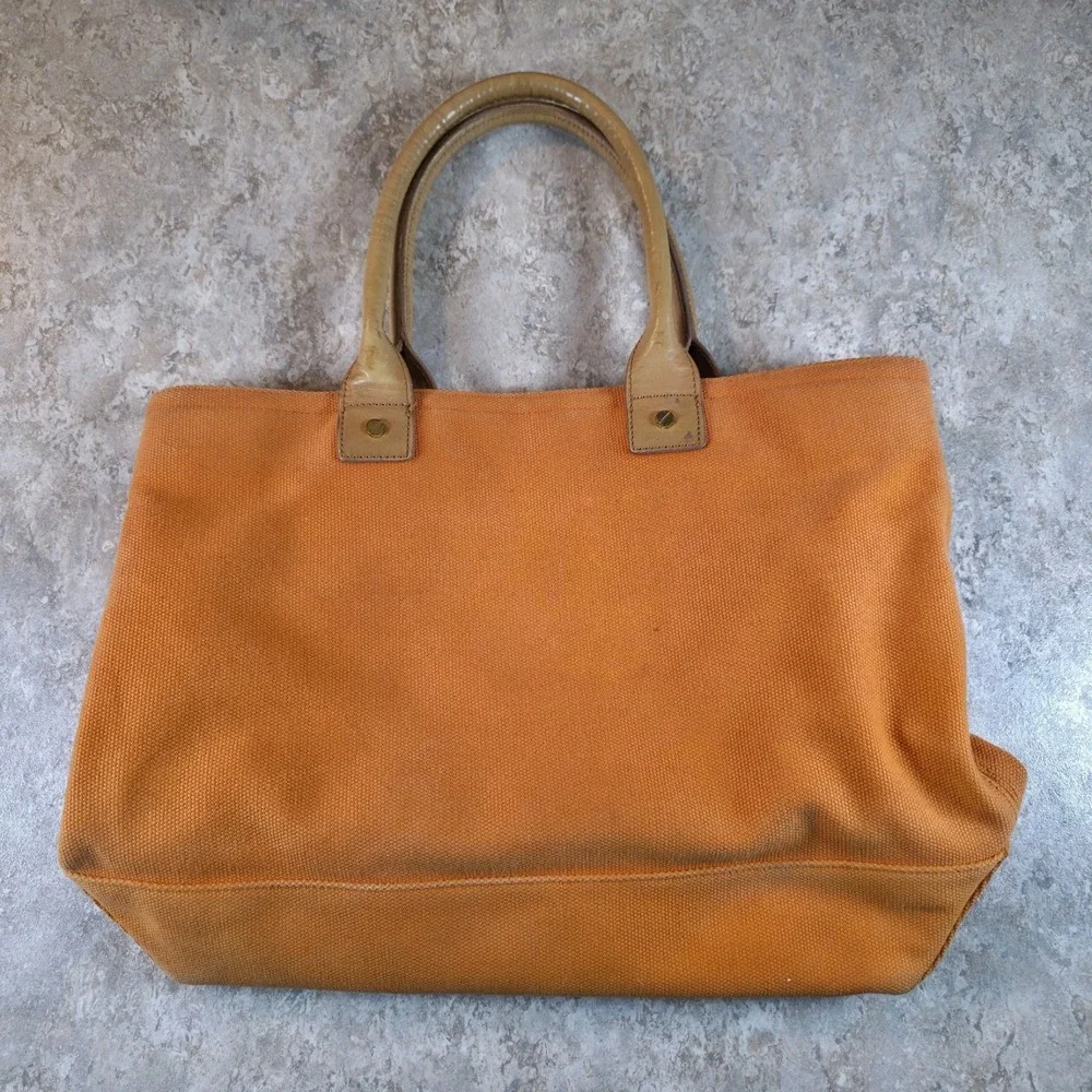 Tory Burch Rustic Fall Pumpkin Orange Canvas Leather Large Tote Bag Floral Lined